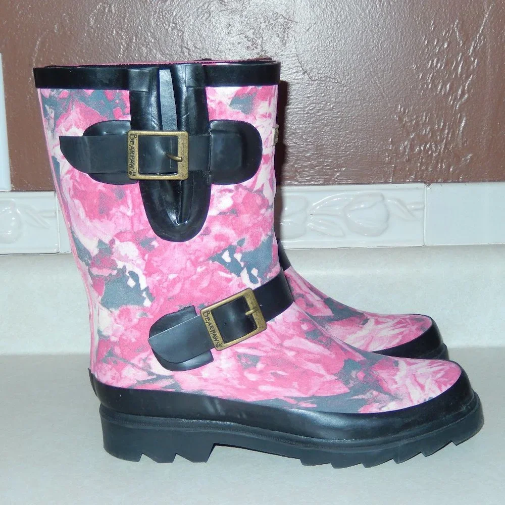 BearPaw Rain Boots Charlie Pink Gray Black Rubber Pull On Strap Buckle 6